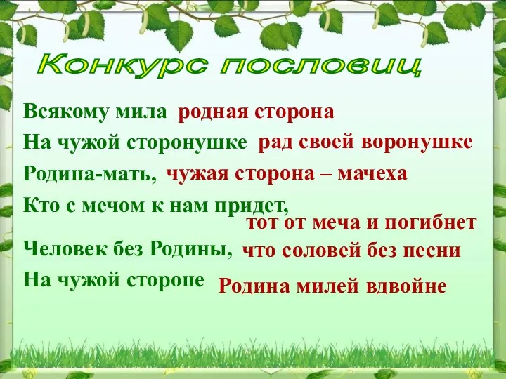 Всякому мила На чужой сторонушке Родина-мать, Кто с мечом к нам придет, Человек