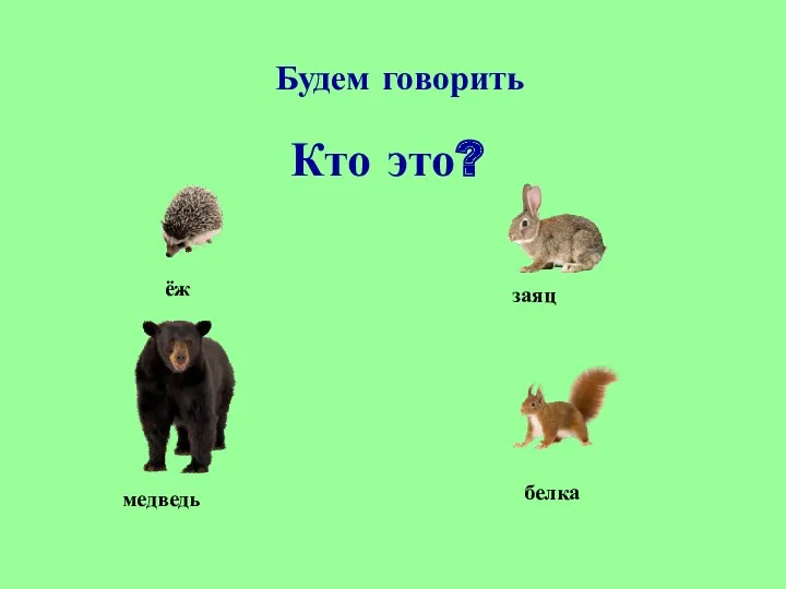 Кто это? ёж заяц белка медведь Будем говорить