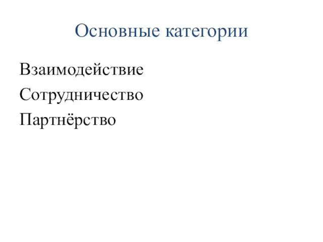 Основные категории Взаимодействие Сотрудничество Партнёрство