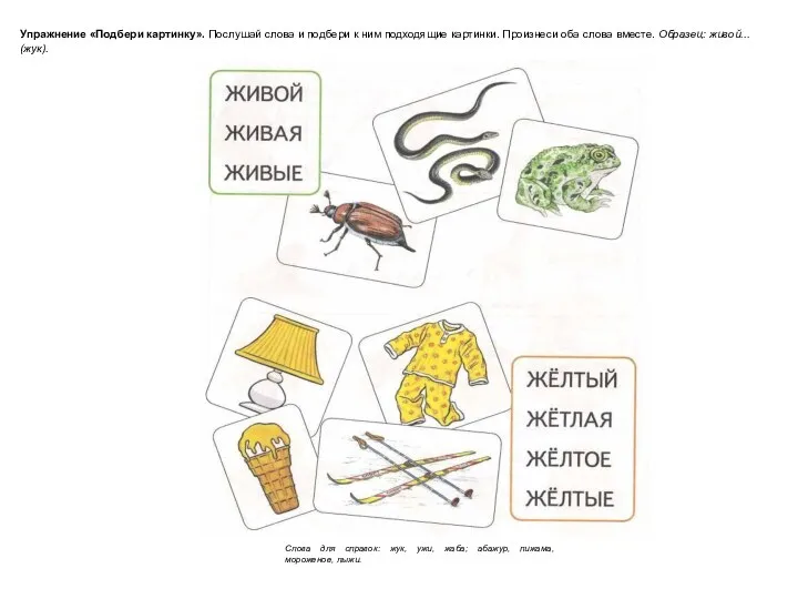 Упражнение «Подбери картинку». Послушай слова и подбери к ним подходящие