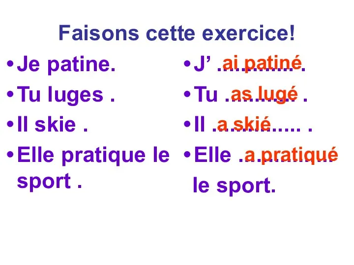 Faisons cette exercice! Je patine. Tu luges . Il skie . Elle pratique