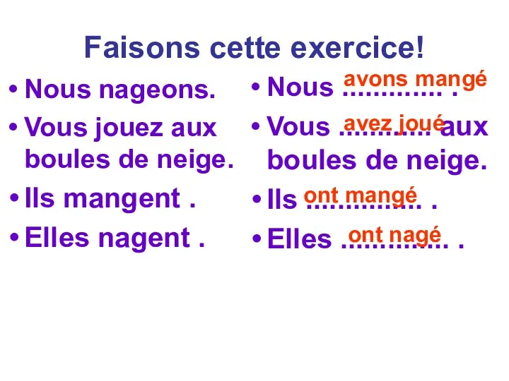 Faisons cette exercice! Nous nageons. Vous jouez aux boules de neige. Ils mangent