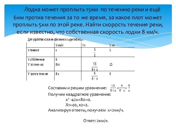 Лодка может проплыть 15км по течению реки и ещё 6км