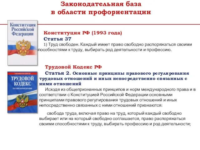 Законодательная база в области профориентации Конституция РФ (1993 года) Статья