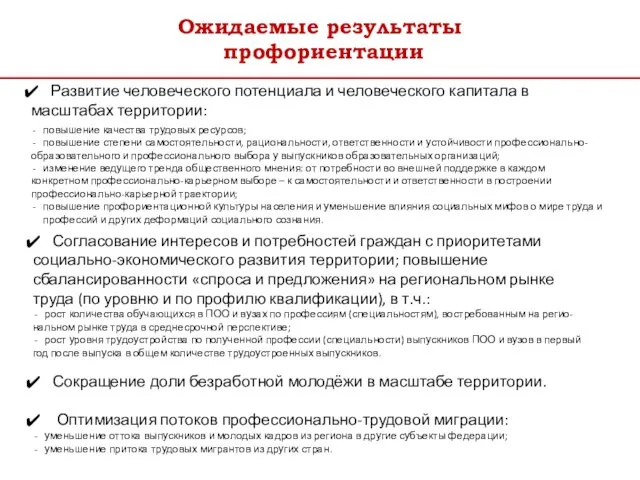 Ожидаемые результаты профориентации Развитие человеческого потенциала и человеческого капитала в