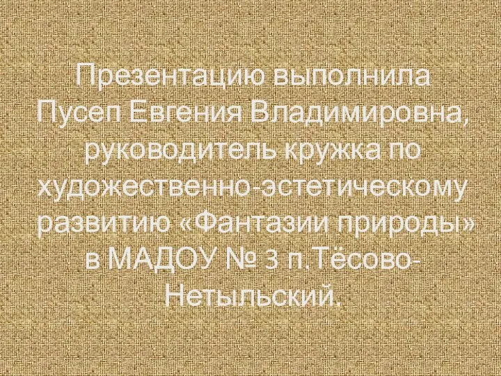 Презентацию выполнила Пусеп Евгения Владимировна, руководитель кружка по художественно-эстетическому развитию