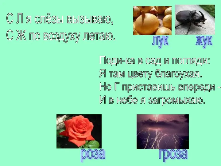 С Л я слёзы вызываю, С Ж по воздуху летаю.