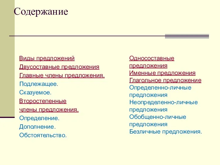 Содержание Виды предложений Двусоставные предложения Главные члены предложения. Подлежащее. Сказуемое.