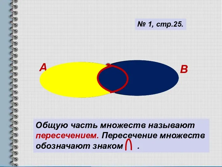 А В № 1, стр.25. Общую часть множеств называют пересечением. Пересечение множеств обозначают знаком .