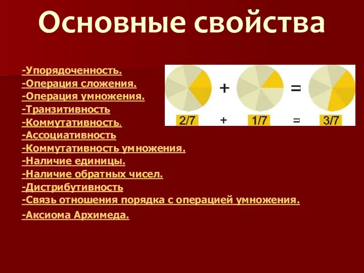 Основные свойства -Упорядоченность. -Операция сложения. -Операция умножения. -Транзитивность -Коммутативность. -Ассоциативность