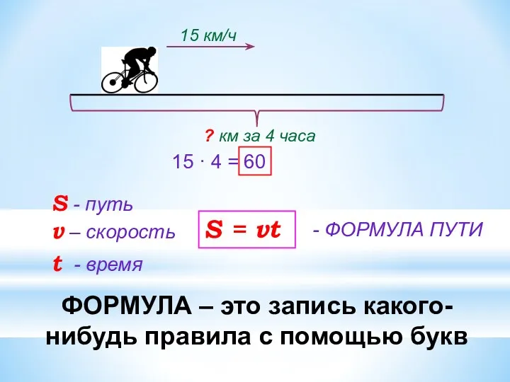 15 км/ч ? км за 4 часа 15 · 4 = 60 S