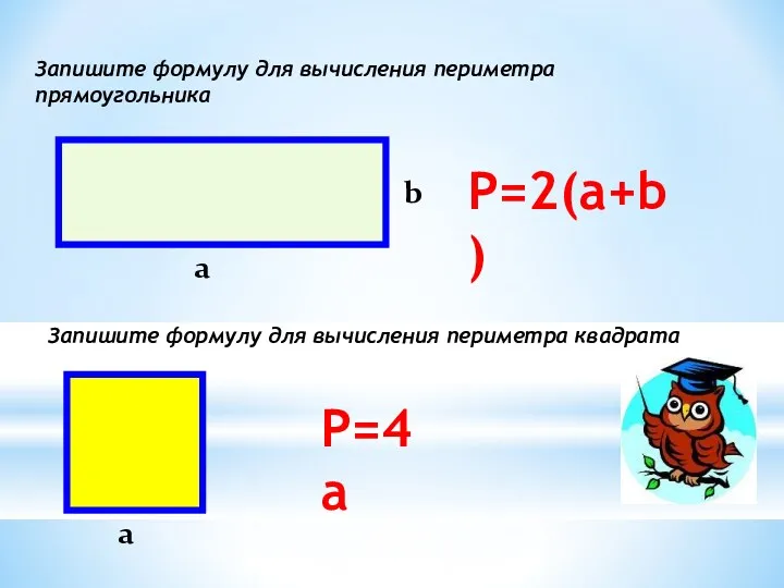 Запишите формулу для вычисления периметра прямоугольника а b Р=2(а+b) Запишите формулу для вычисления