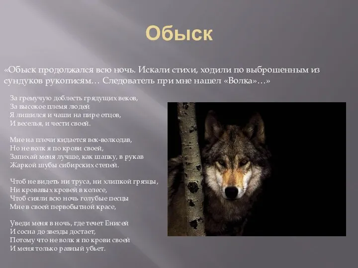 Обыск «Обыск продолжался всю ночь. Искали стихи, ходили по выброшенным