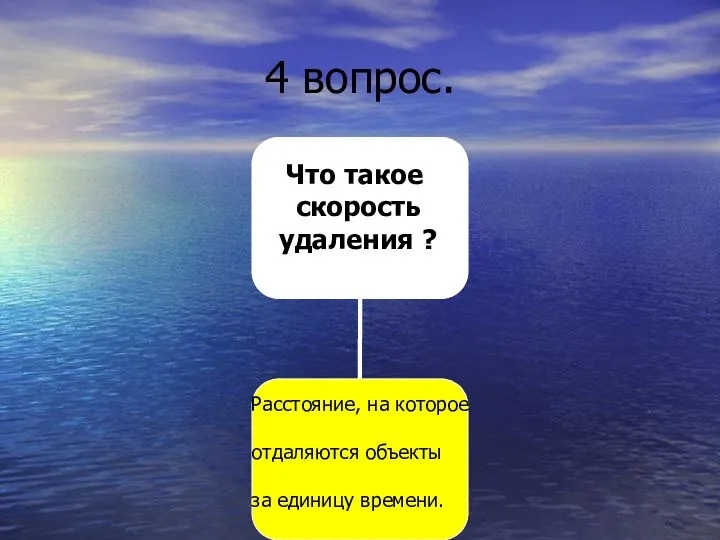 4 вопрос. Что такое скорость удаления ? Расстояние, на которое отдаляются объекты за единицу времени.