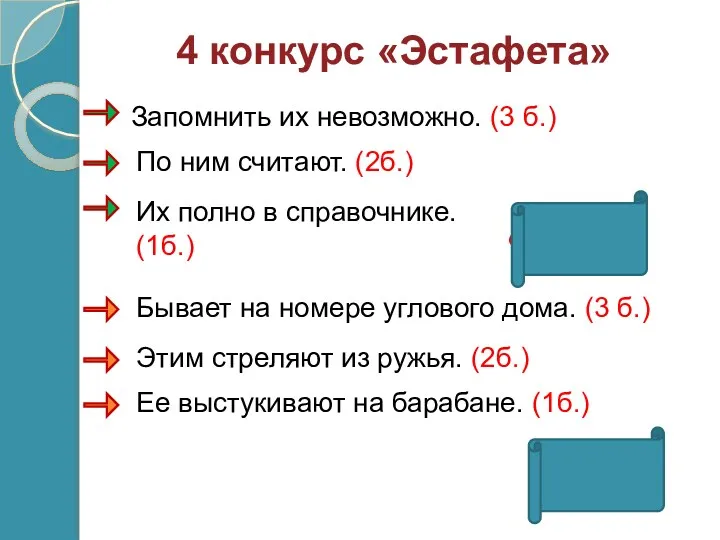 4 конкурс «Эстафета» Запомнить их невозможно. (3 б.) По ним считают. (2б.) Их