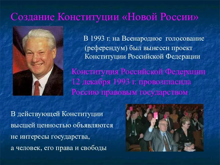 Создание Конституции «Новой России» В 1993 г. на Всенародное голосование