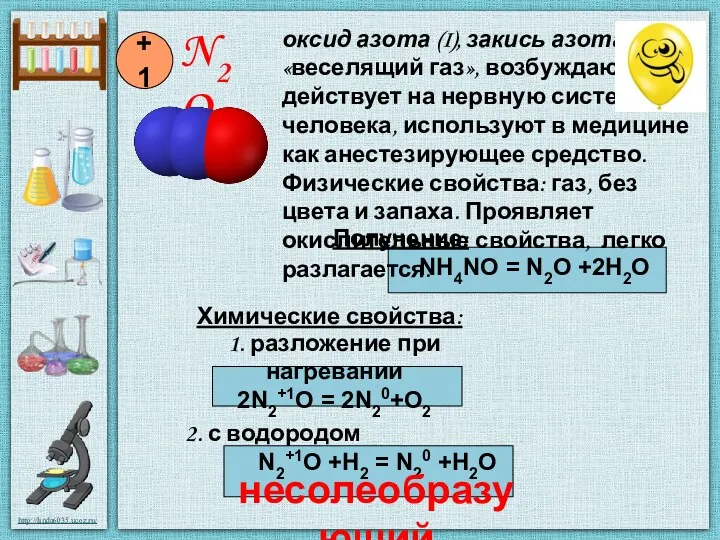 Получение: NH4NO = N2O +2H2O Химические свойства: 1. разложение при нагревании 2N2+1O =