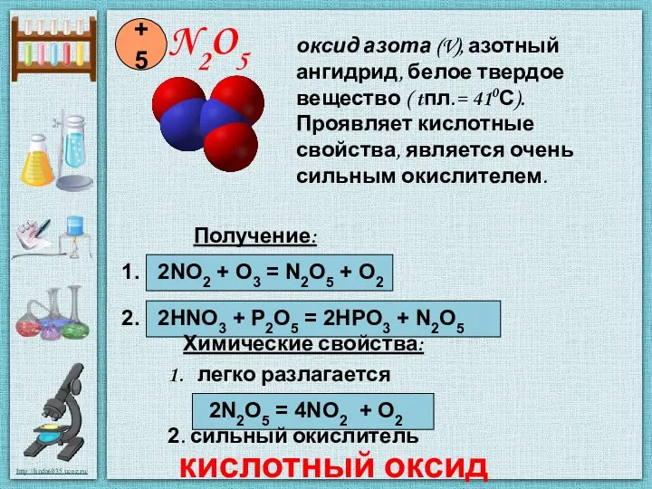 N2O5 +5 Получение: 1. 2NO2 + O3 = N2O5 + O2 2. 2HNO3