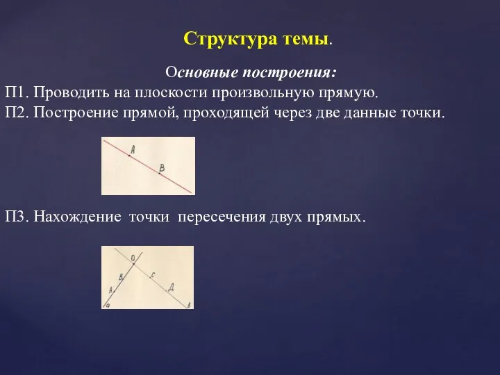 Структура темы. Основные построения: П1. Проводить на плоскости произвольную прямую. П2. Построение прямой,