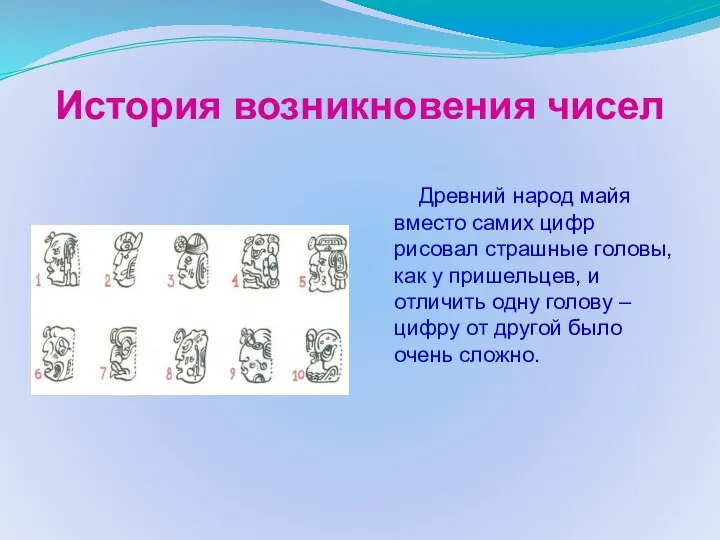 История возникновения чисел Древний народ майя вместо самих цифр рисовал страшные головы, как