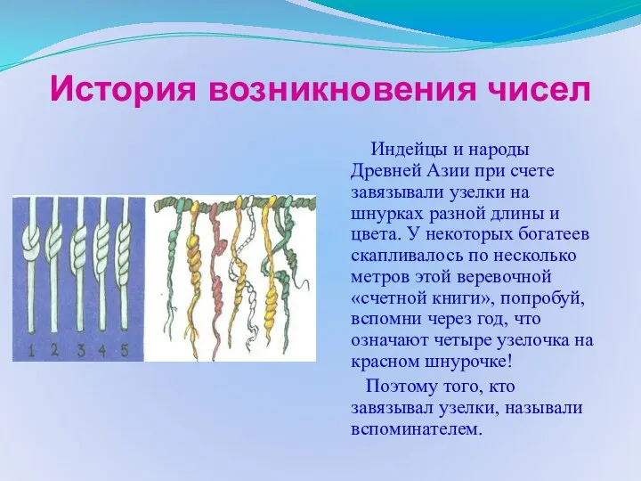 История возникновения чисел Индейцы и народы Древней Азии при счете завязывали узелки на