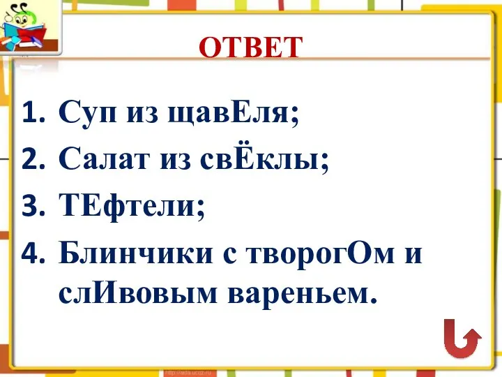 ОТВЕТ Суп из щавЕля; Салат из свЁклы; ТЕфтели; Блинчики с творогОм и слИвовым вареньем.