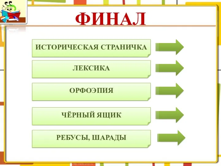 ФИНАЛ ИСТОРИЧЕСКАЯ СТРАНИЧКА ЛЕКСИКА ОРФОЭПИЯ ЧЁРНЫЙ ЯЩИК РЕБУСЫ, ШАРАДЫ