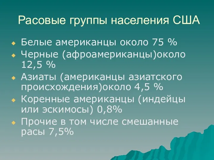 Расовые группы населения США Белые американцы около 75 % Черные (афроамериканцы)около 12,5 %