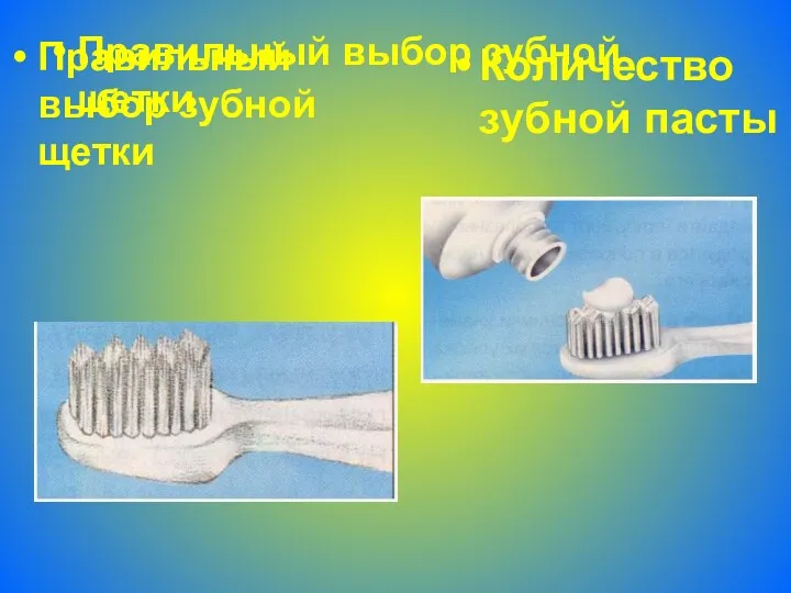 Правильный выбор зубной щетки Правильный выбор зубной щетки Количество зубной пасты