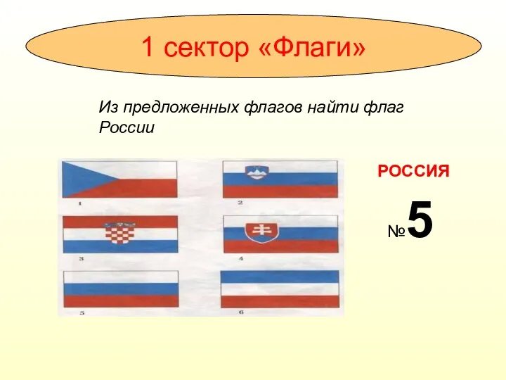 1 сектор «Флаги» РОССИЯ Из предложенных флагов найти флаг России №5