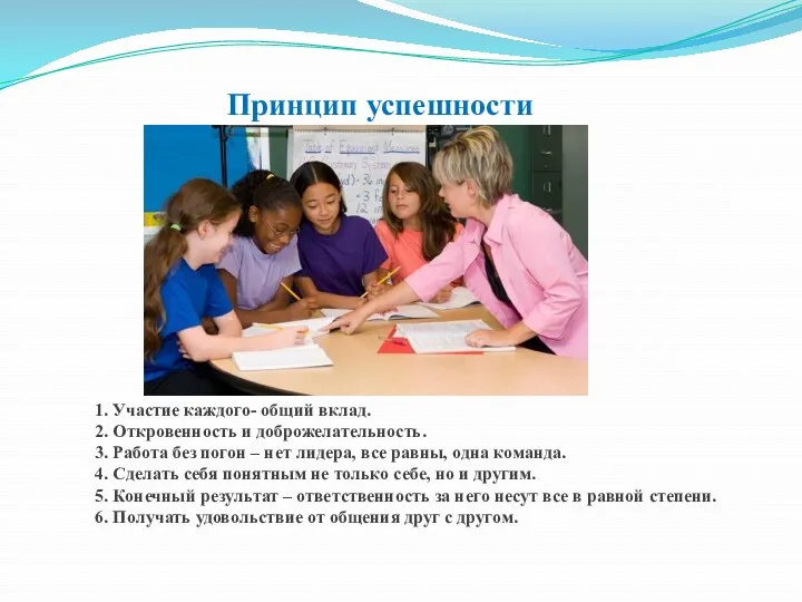 Принцип успешности 1. Участие каждого- общий вклад. 2. Откровенность и