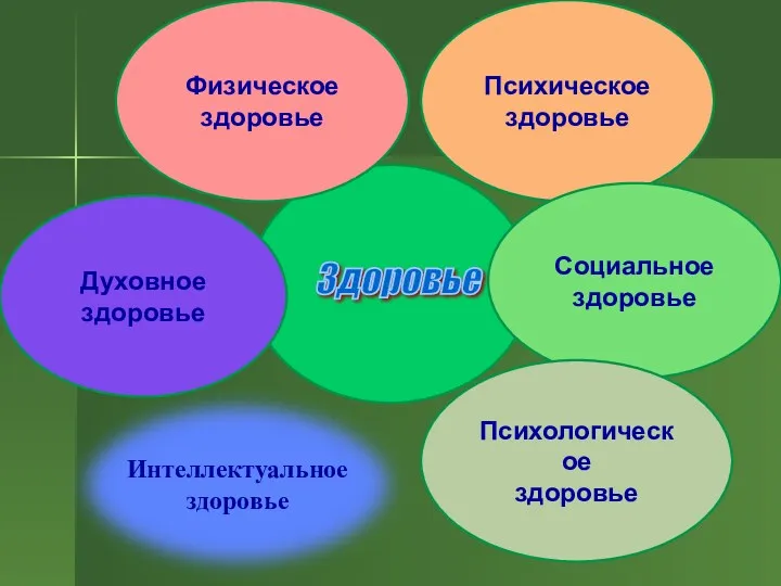 Физическое здоровье Психическое здоровье Социальное здоровье Психологическое здоровье Духовное здоровье Здоровье