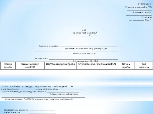 УТВЕРЖДЕНО Руководитель службы ГСМ ______________________ (авиапредприятие) _______________________ (подпись) "__" __________ 20__ г. АКТ