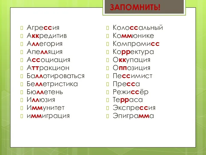 ЗАПОМНИТЬ! Агрессия Аккредитив Аллегория Апелляция Ассоциация Аттракцион Баллотироваться Беллетристика Бюллетень