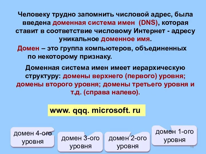 Человеку трудно запомнить числовой адрес, была введена доменная система имен