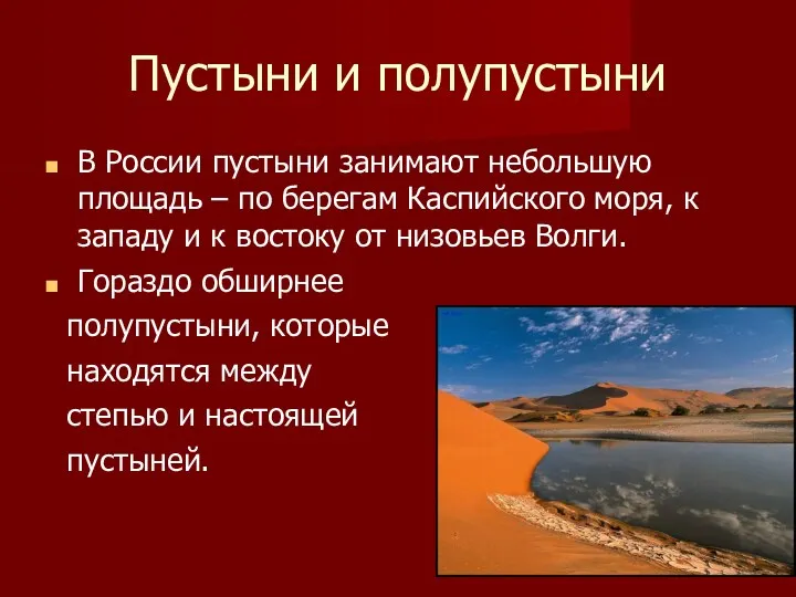 Пустыни и полупустыни В России пустыни занимают небольшую площадь –