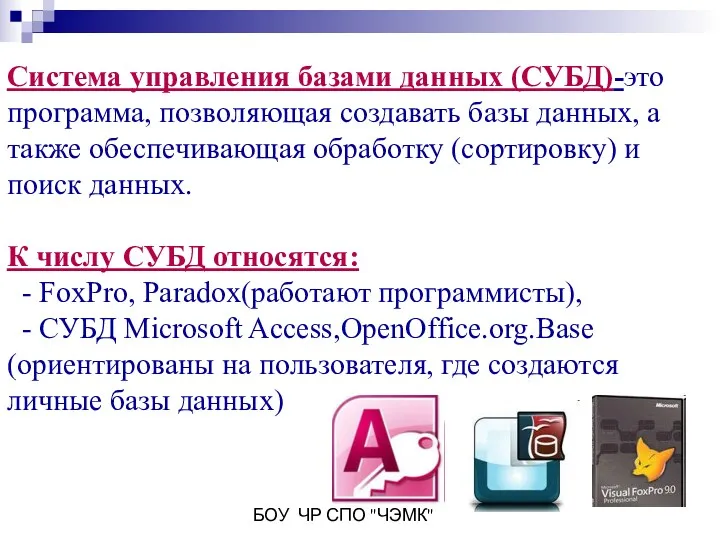БОУ ЧР СПО "ЧЭМК" Система управления базами данных (СУБД)-это программа,