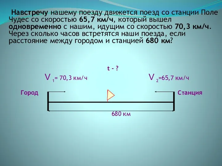 Навстречу нашему поезду движется поезд со станции Поле Чудес со скоростью 65,7 км/ч,