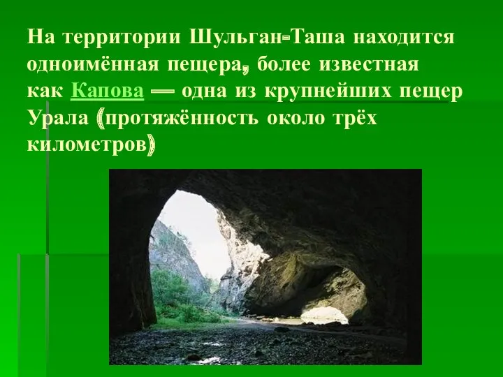 На территории Шульган-Таша находится одноимённая пещера, более известная как Капова