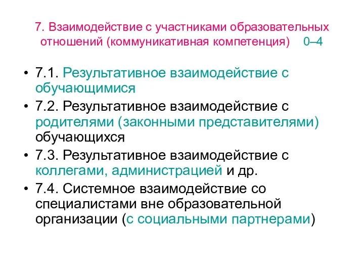 7. Взаимодействие с участниками образовательных отношений (коммуникативная компетенция) 0–4 7.1.