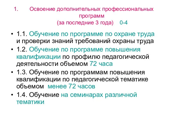 Освоение дополнительных профессиональных программ (за последние 3 года) 0-4 1.1.