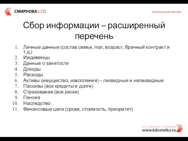 Сбор информации – расширенный перечень Личные данные (состав семьи, пол,