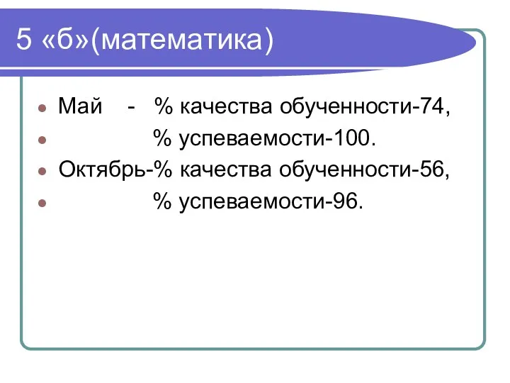 5 «б»(математика) Май - % качества обученности-74, % успеваемости-100. Октябрь-% качества обученности-56, % успеваемости-96.