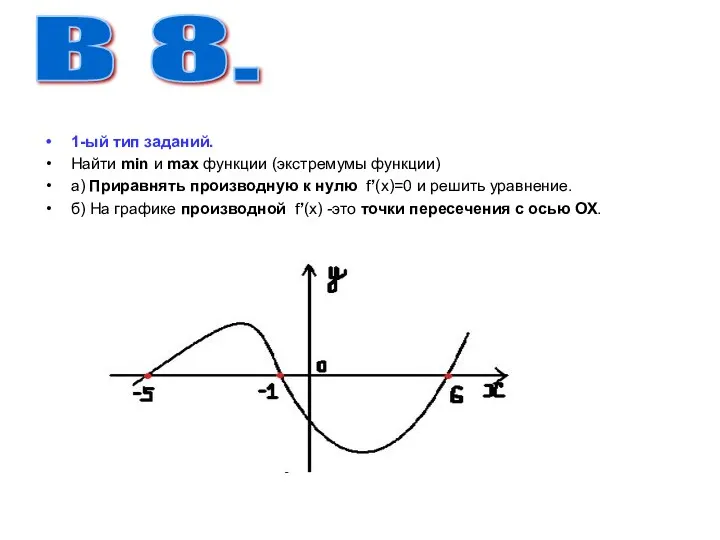 1-ый тип заданий. Найти min и max функции (экстремумы функции) а) Приравнять производную