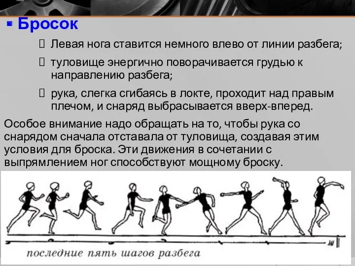 Бросок Левая нога ставится немного влево от линии разбега; туловище энергично поворачивается грудью