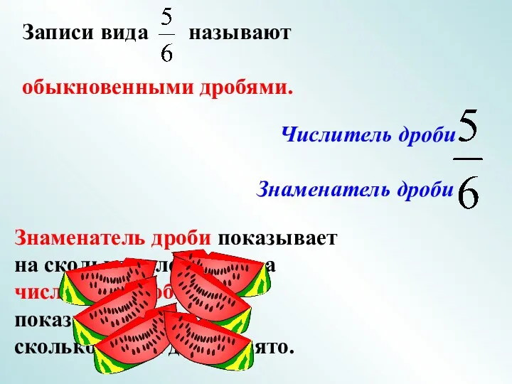 Знаменатель дроби показывает на сколько долей делят, а числитель дроби показывает – сколько