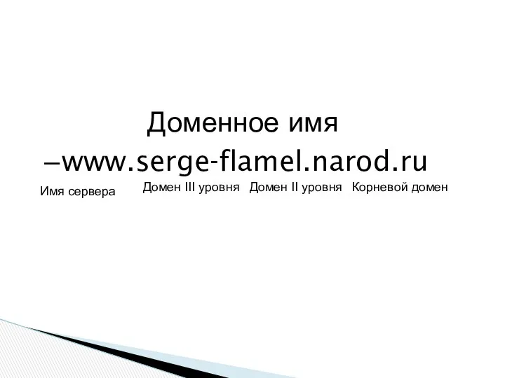 Доменное имя www.serge-flamel.narod.ru Корневой домен Домен III уровня Имя сервера Домен II уровня
