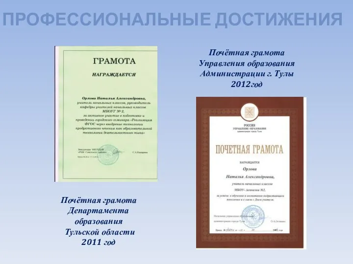 Профессиональные достижения Почётная грамота Департамента образования Тульской области 2011 год Почётная грамота Управления