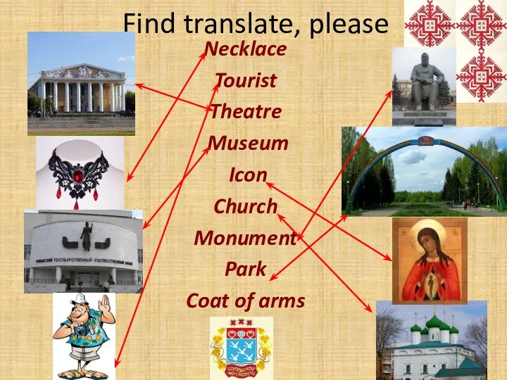 Find translate, please Necklace Tourist Theatre Museum Icon Church Monument Park Coat of arms