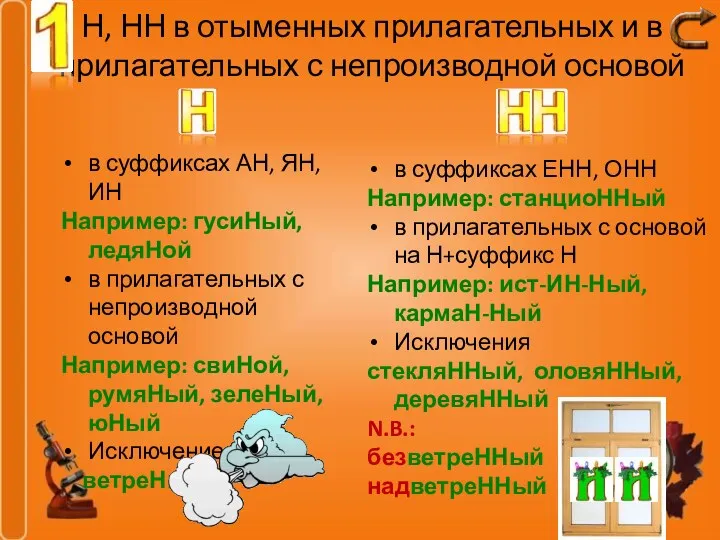 Н, НН в отыменных прилагательных и в прилагательных с непроизводной основой в суффиксах